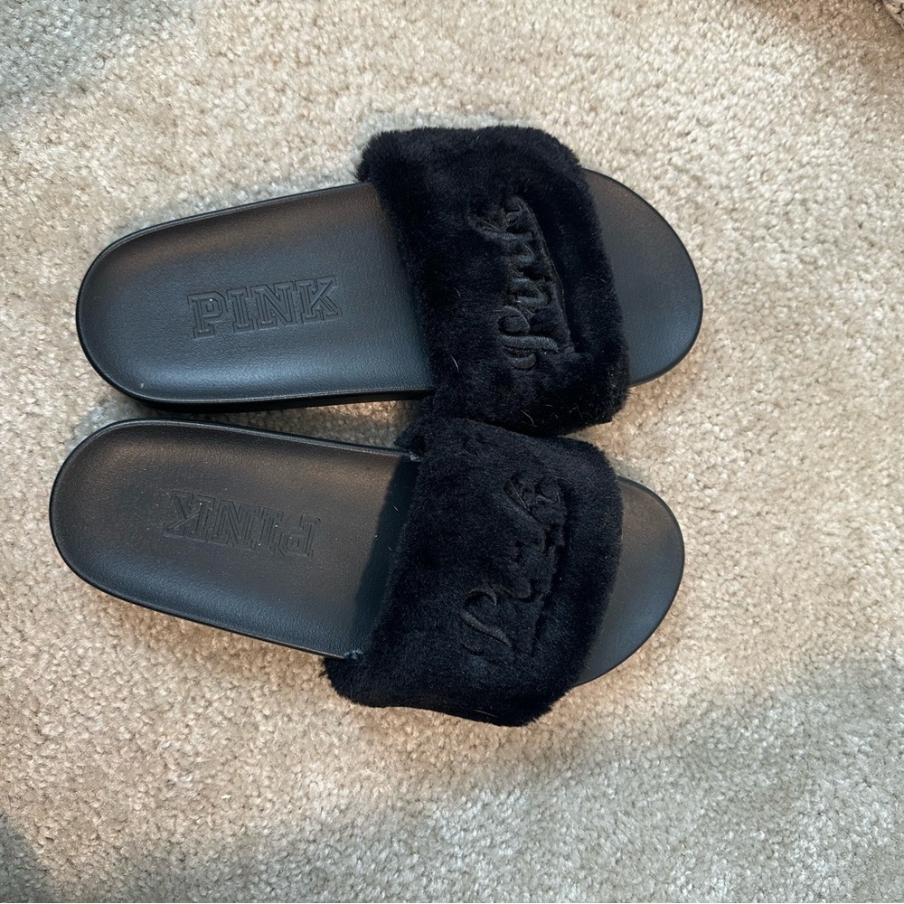 PINK Victoria's Secret Black Fuzzy Slippers